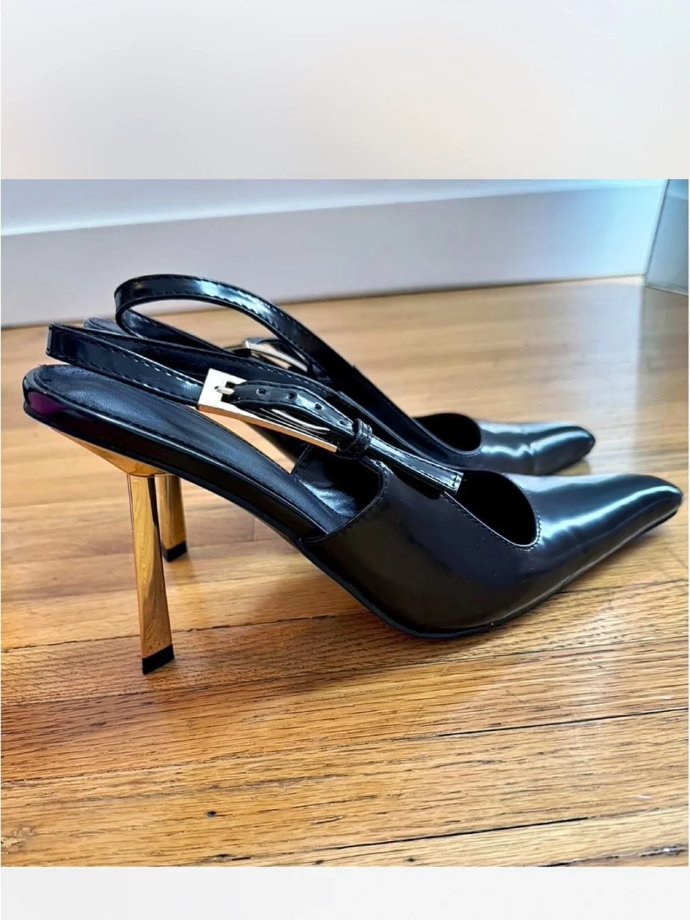 Black Patent Slingback Heels with Gold Stiletto